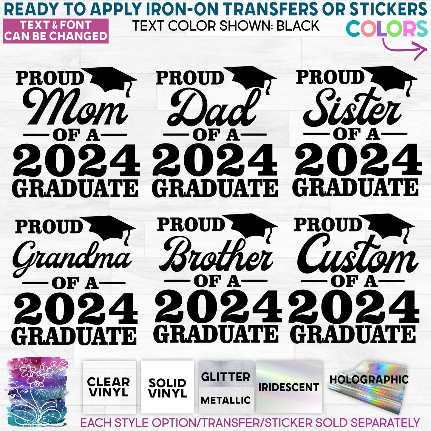 (s151-3C) Proud Mom of the Grad, Custom Text Glitter or Vinyl Iron-On Transfer or Sticker