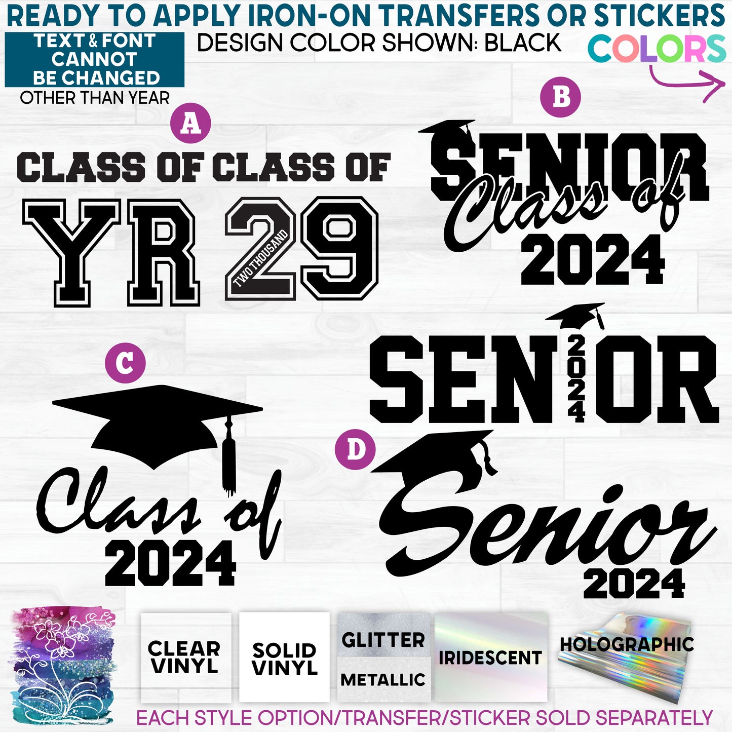 (s151-1) Graduation Senior Grad Class of Any Year Available Glitter or Vinyl Iron-On Transfer or Sticker