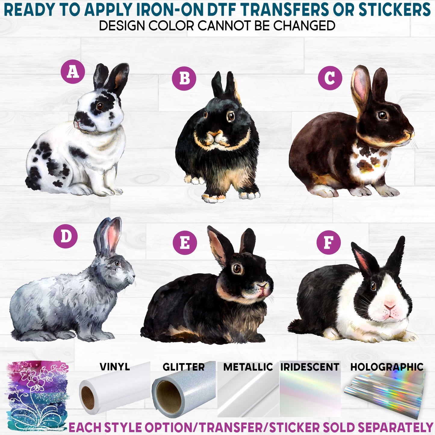 (s154-3) Watercolor Bunny Rabbits Bunnies h Printed Heat Transfer or Sticker