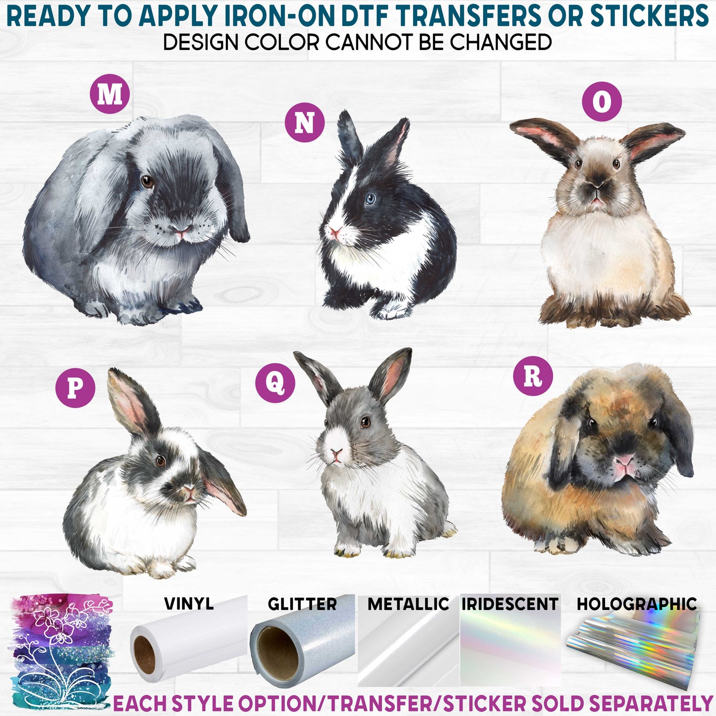 (s154-3) Watercolor Bunny Rabbits Bunnies h Printed Heat Transfer or Sticker