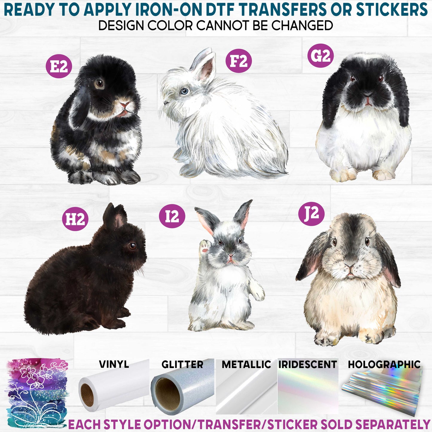 (s154-3) Watercolor Bunny Rabbits Bunnies h Printed Heat Transfer or Sticker