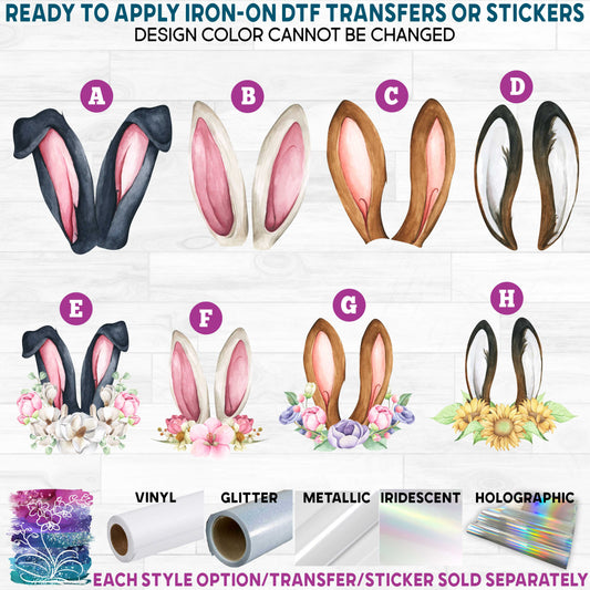 (s154-5) Floral Flower Bunny Rabbit Ears Brown Black White Watercolor Printed Heat Transfer or Sticker
