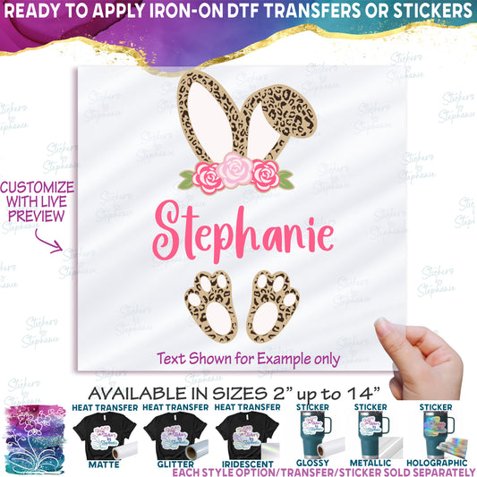 (s154-2E) Leopard Floral Girl Bunny Custom Name Text Custom Text