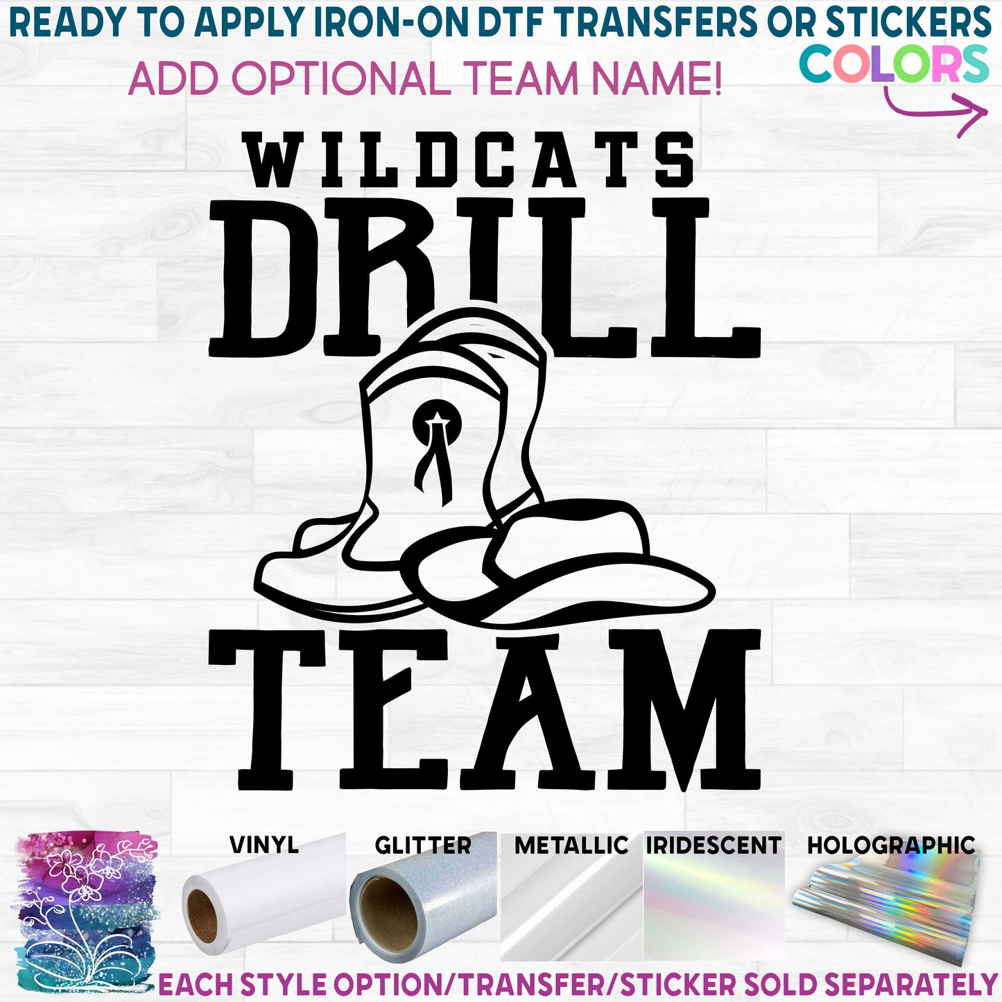 (s158-2A) Drill Team Optional Team Name Printed Heat Transfer or Sticker