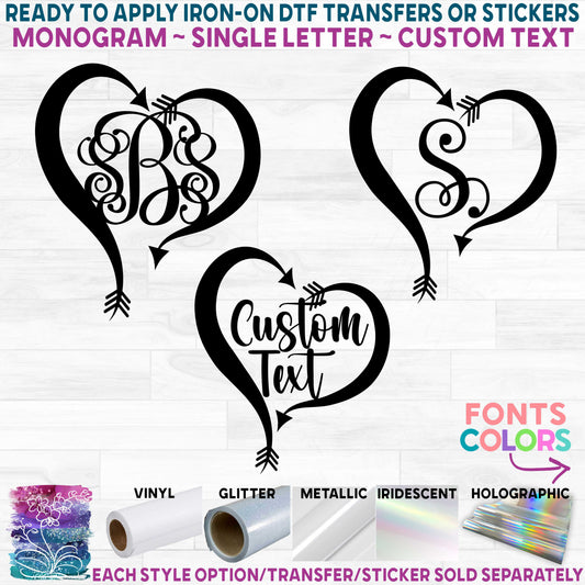 (s162-2K) Arrow Heart Monogram Printed Heat Transfer or Sticker