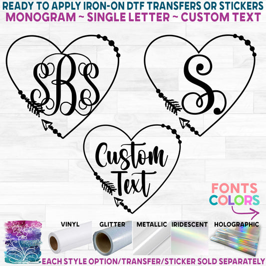 (s162-2L) Arrow Heart Monogram Printed Heat Transfer or Sticker