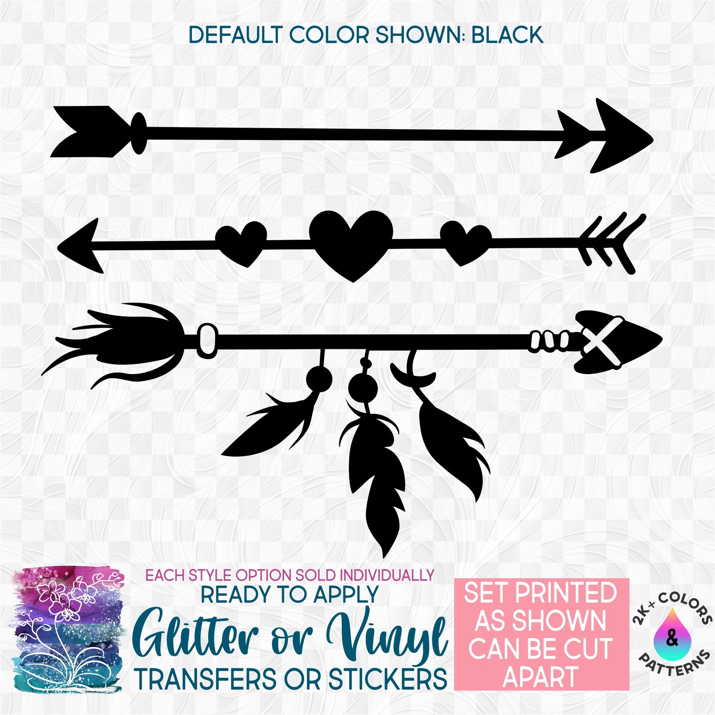 (s162-1M) Set of Arrows Feather Tribal Glitter or Vinyl Iron-On Transfer or Sticker