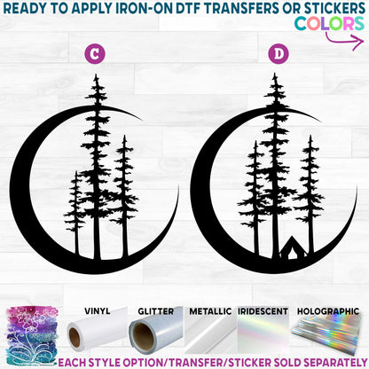 (s164) Crescent Moon Pine Trees Tent Camping Printed Heat Transfer or Sticker