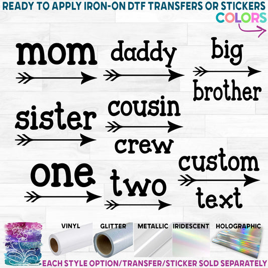 (s165-D) Family Mommy, Age, Custom Text with Arrow Custom Text Printed Heat Transfer or Sticker