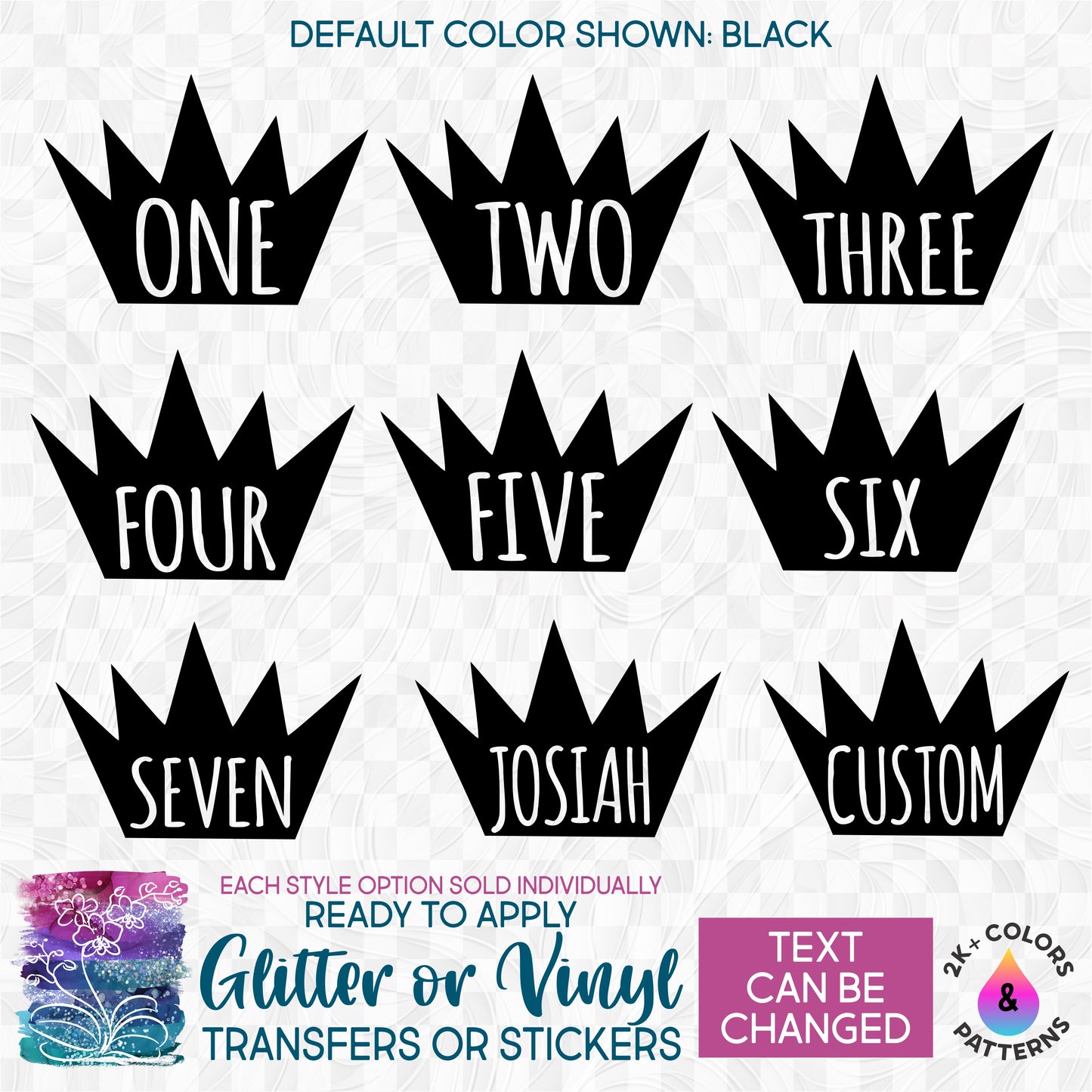 (s165-E) Block Numbers with Crown One, Two Glitter or Vinyl Iron-On Transfer or Sticker