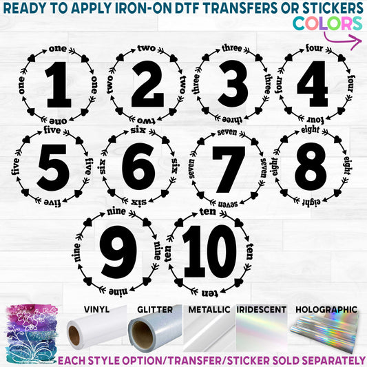 (s165-O) Number with Heart Circle Arrow Ages 1, 2, 3, 4, 5, 6, 7, 8, 9, 10 Printed Heat Transfer or Sticker