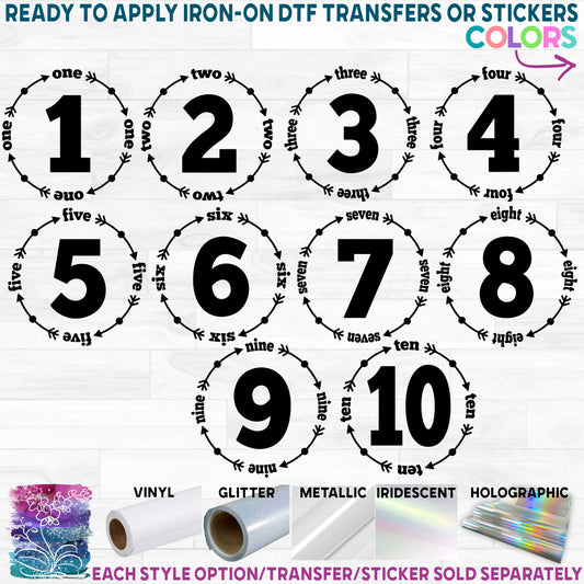 (s165-P) Number with Dot Circle Arrow Ages 1, 2, 3 Printed Heat Transfer or Sticker