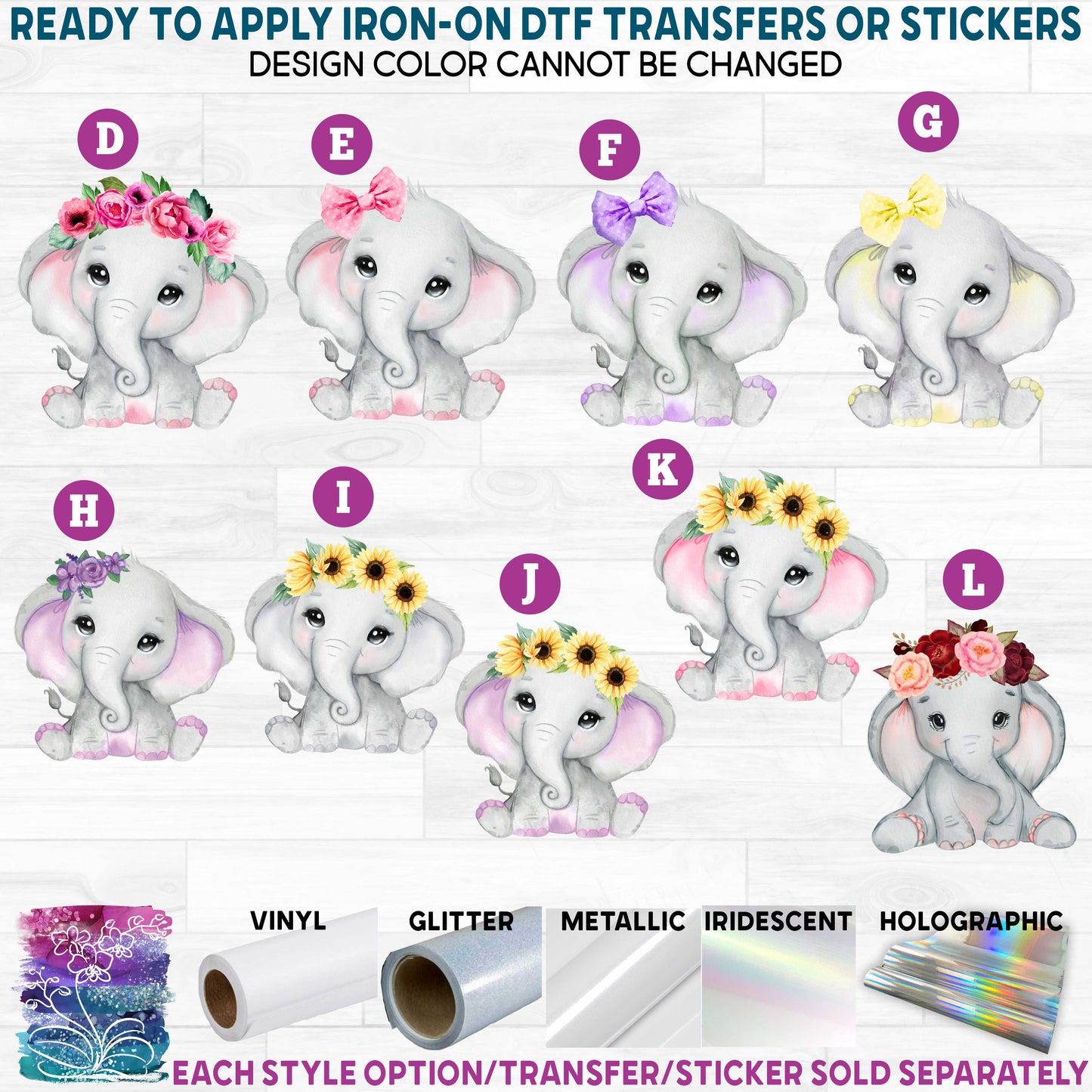 (s167) Cute Baby Elephant Watercolor Flowers Roses Bow Printed Heat Transfer or Sticker