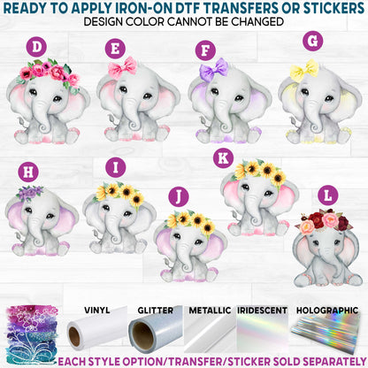 (s167) Cute Baby Elephant Watercolor Flowers Roses Bow Printed Heat Transfer or Sticker