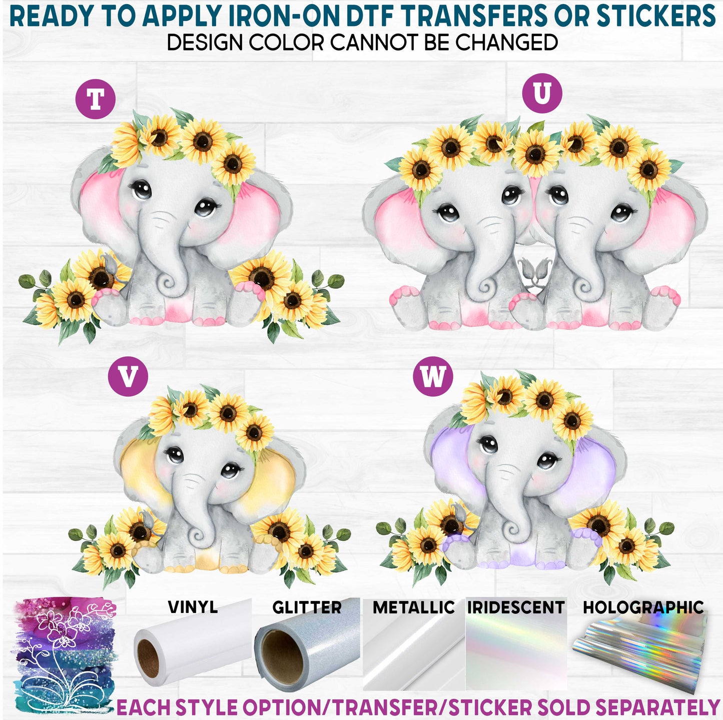 (s167) Cute Baby Elephant Watercolor Flowers Roses Bow Printed Heat Transfer or Sticker