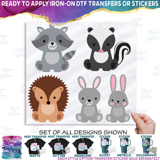 (s169-G3) Set of 4 Forest Animals Racoon Skunk Hedgehog Rabbit
