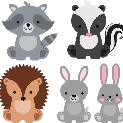 (s169-G3) Set of 4 Forest Animals Racoon Skunk Hedgehog Rabbit
