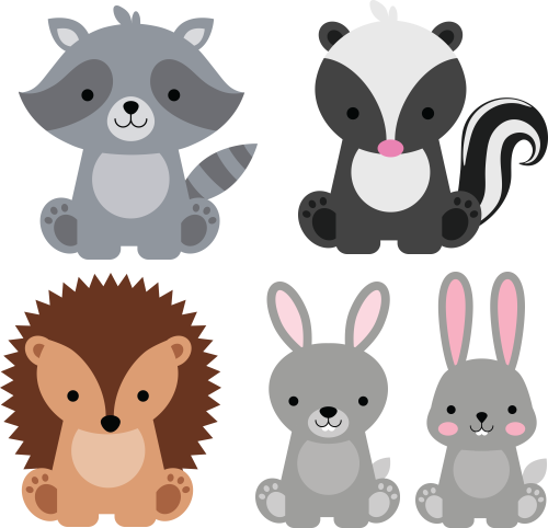 (s169-G3) Set of 4 Forest Animals Racoon Skunk Hedgehog Rabbit