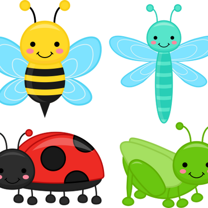 (s169-G5) Set of 4 Cartoon Insects Butterfly Dragonfly Grasshopper Ladybug