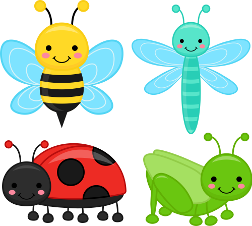 (s169-G5) Set of 4 Cartoon Insects Butterfly Dragonfly Grasshopper Ladybug