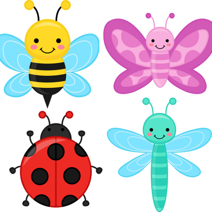 (s169-G1) Set of 4 Cartoon Insects Butterfly Dragonfly Bee Ladybug