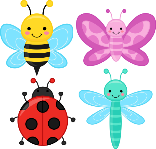 (s169-G1) Set of 4 Cartoon Insects Butterfly Dragonfly Bee Ladybug