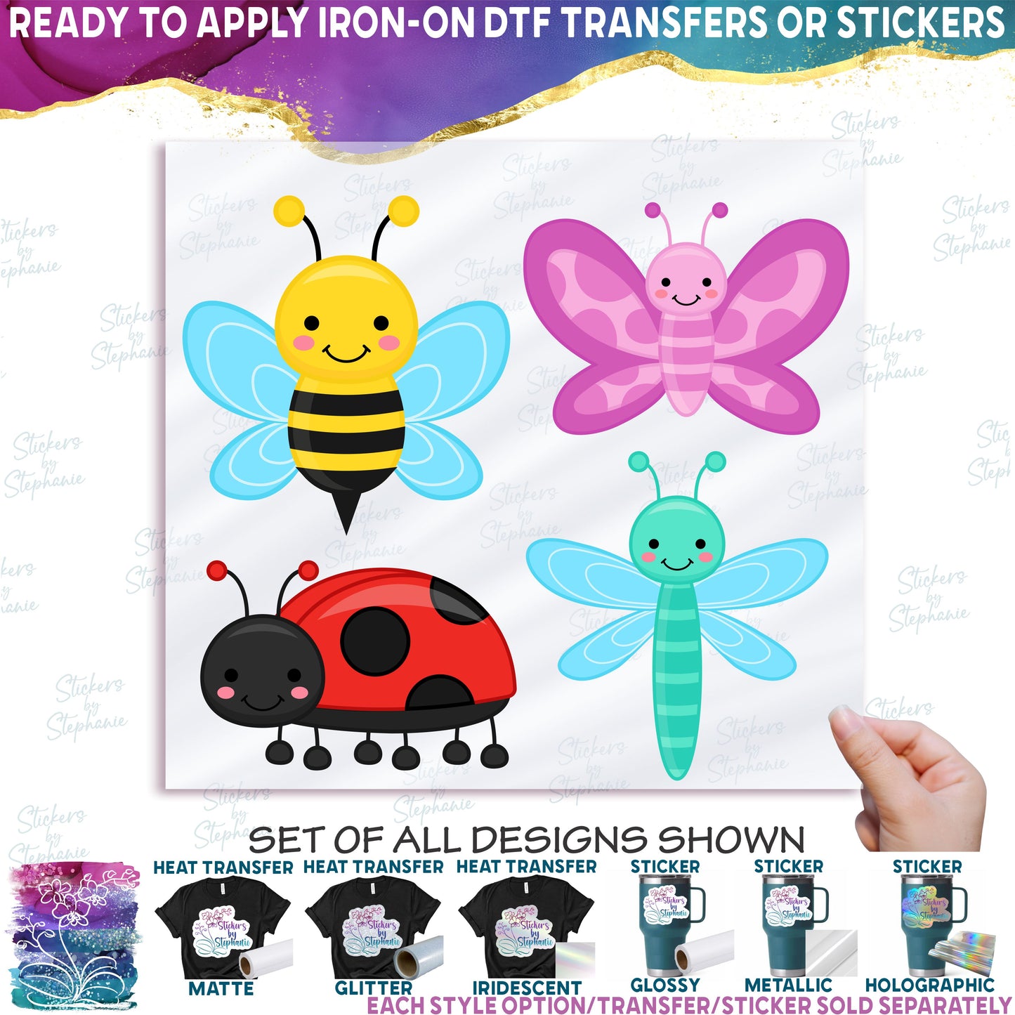 (s169-G1) Set of 4 Cartoon Insects Butterfly Dragonfly Bee Ladybug