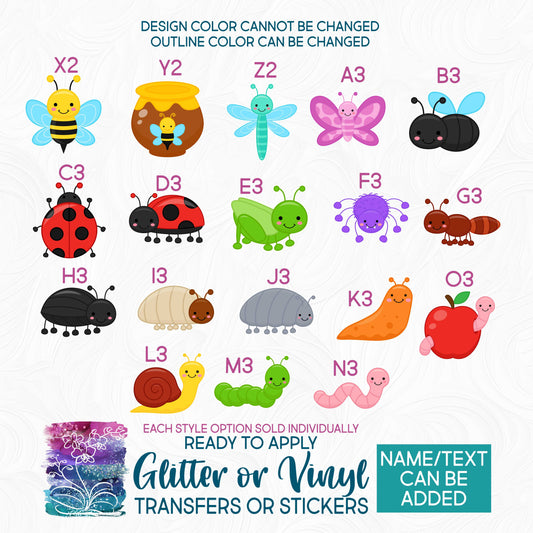 (s169) Cute Insects Glitter or Vinyl Iron-On Transfer or Sticker