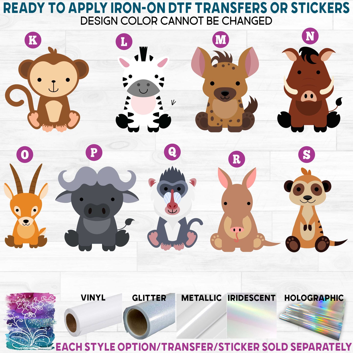 (s169-09) Cute Safari African Jungle Animals b Printed Heat Transfer or Sticker