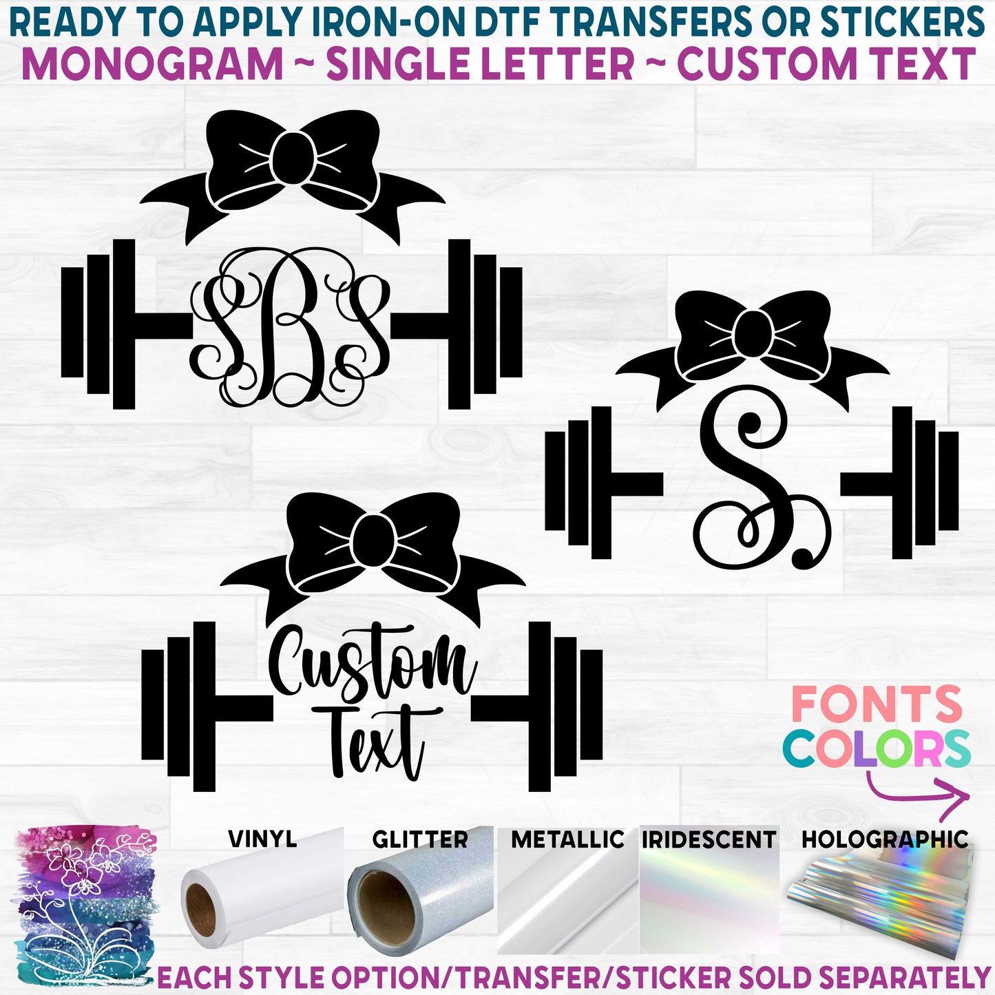 (s171-2B) Weights Weight Lifter Barbell Bow Monogram Printed Heat Transfer or Sticker