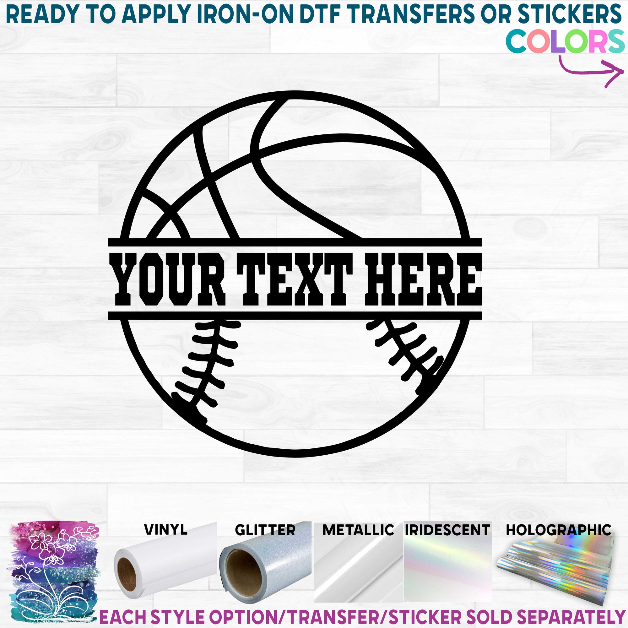 (s177-2) Split Ball Basketball with Soccer Baseball, Volleyball Team Name Custom Text