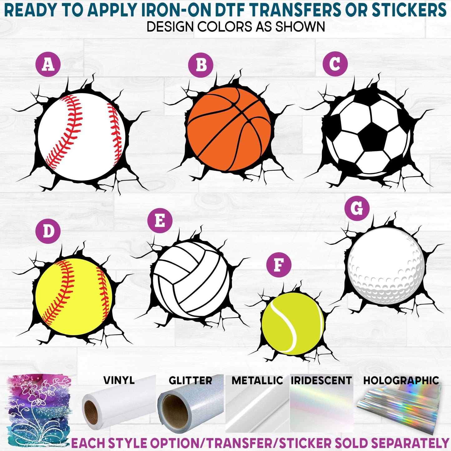 (s178) Broken Wall Window Sports Ball Printed Heat Transfer or Sticker