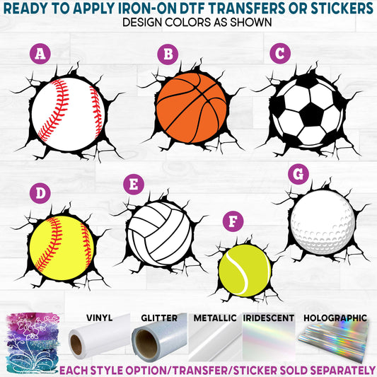 (s178) Broken Wall Window Sports Ball Printed Heat Transfer or Sticker