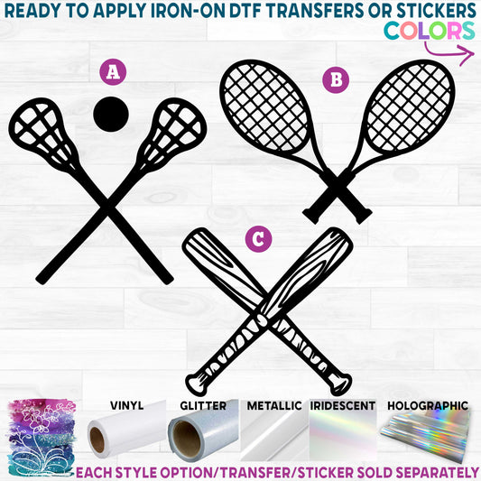 (s179-1) Crossed Sports Baseball Bat Lacrosse Sticks Tennis Racquets Printed Heat Transfer or Sticker