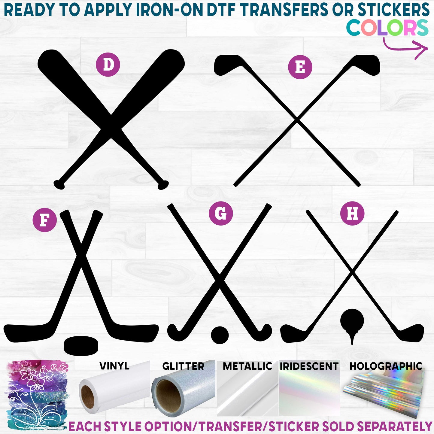 (s179-1) Crossed Sports Baseball Bat Golf Club Field Ice Hockey Sticks Puck Printed Heat Transfer or Sticker