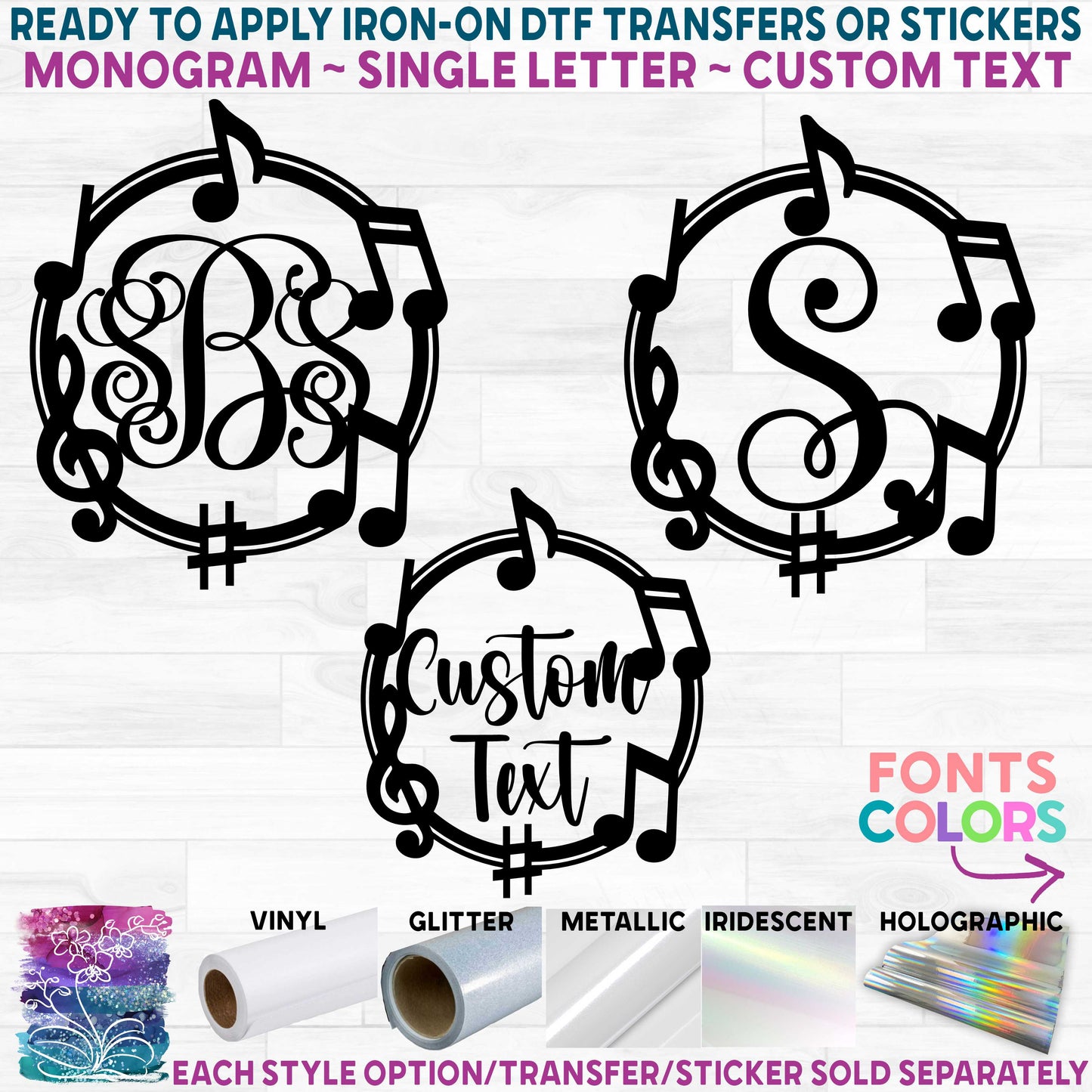 (s017-3C) Music Note Band Monogram Printed Heat Transfer or Sticker