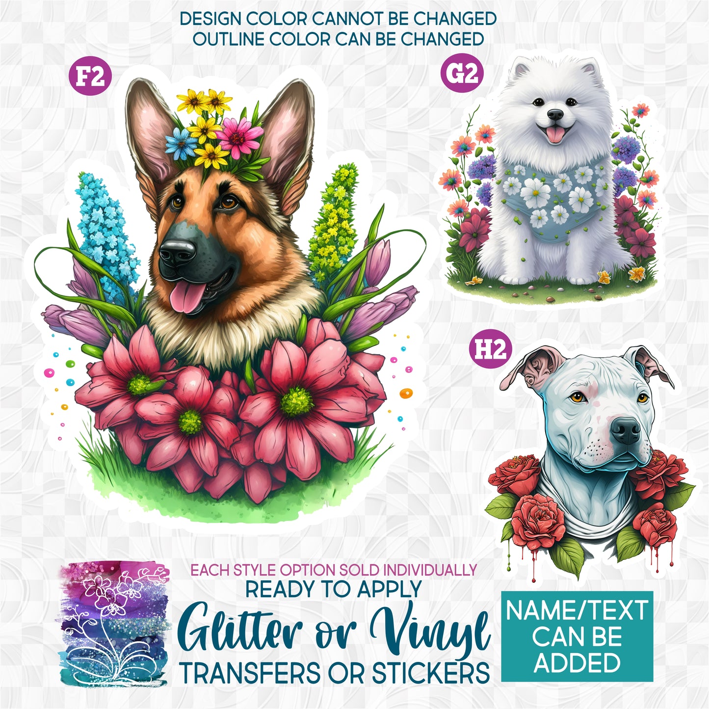 (s018-1) Floral Watercolor Dogs 11 Glitter or Vinyl Iron-On Transfer or Sticker