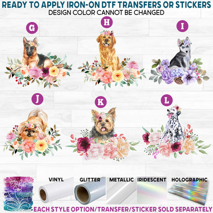 (s018-1) Floral Watercolor Dogs d Printed Heat Transfer or Sticker