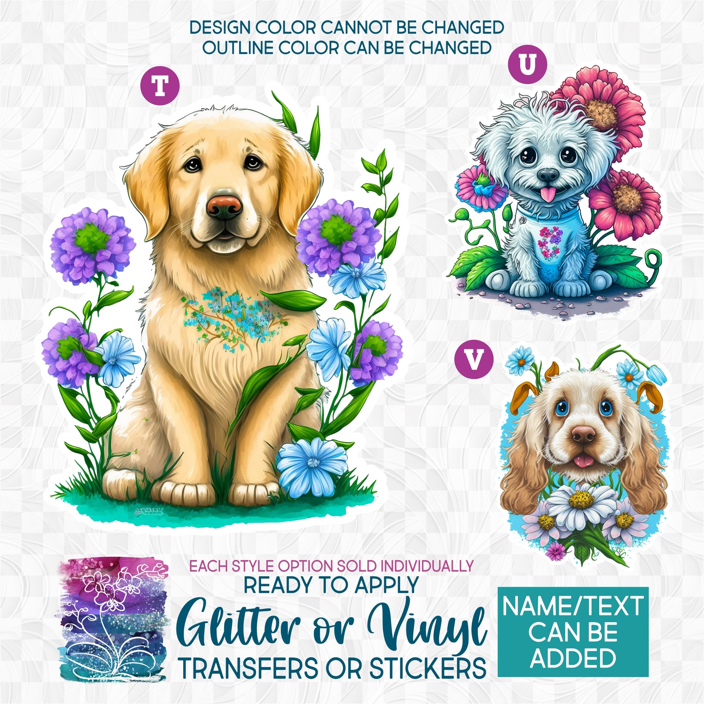 (s018-1) Floral Watercolor Dogs 3 Glitter or Vinyl Iron-On Transfer or Sticker