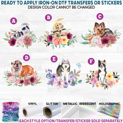 (s018-1) Floral Watercolor Dogs d Printed Heat Transfer or Sticker