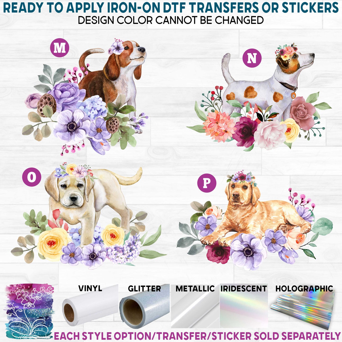 (s018-1) Floral Watercolor Dogs d Printed Heat Transfer or Sticker