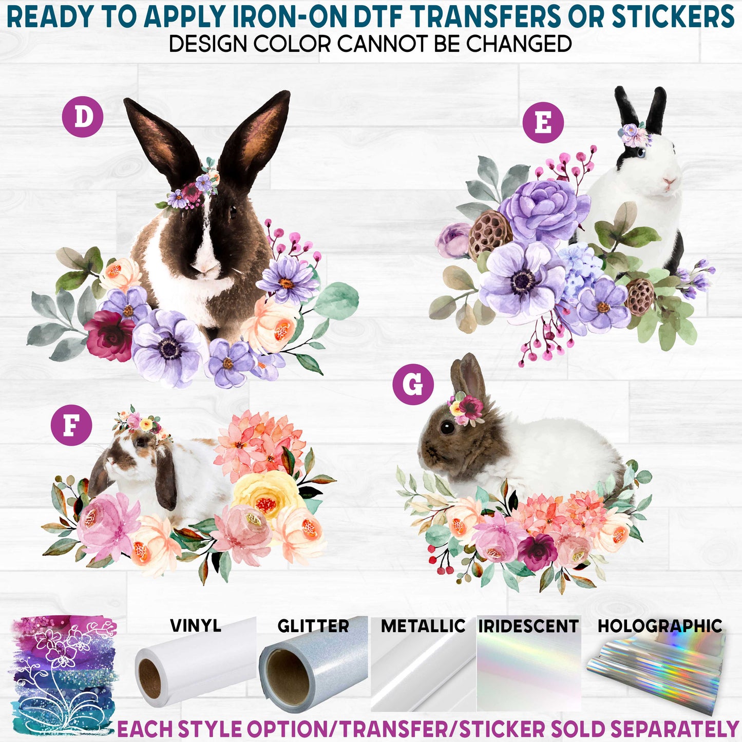 (s018-2) Floral Watercolor Bunny Rabbits Rabbit c Printed Heat Transfer or Sticker