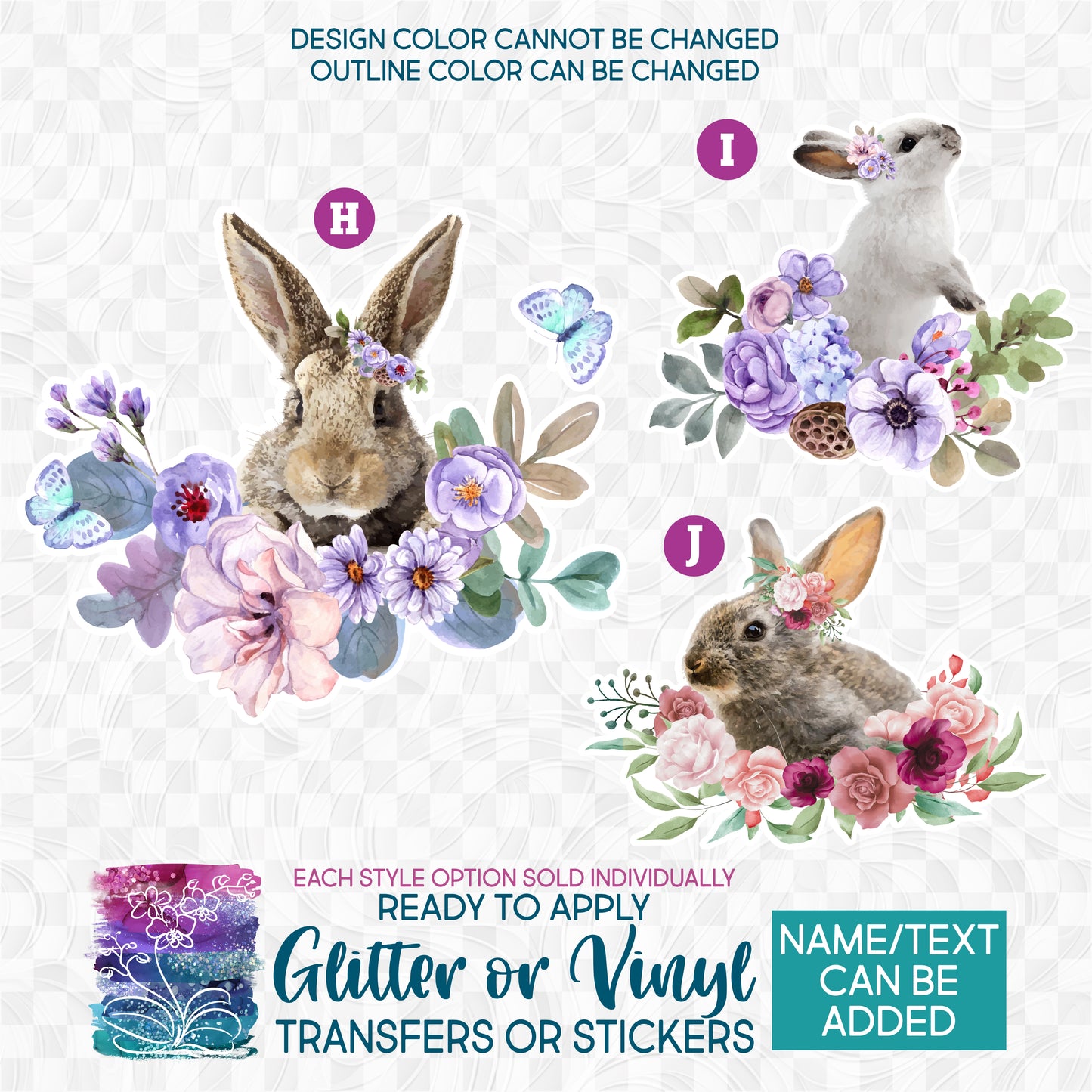 (s018-2) Floral Watercolor Bunny Rabbits Rabbit 3 Glitter or Vinyl Iron-On Transfer or Sticker