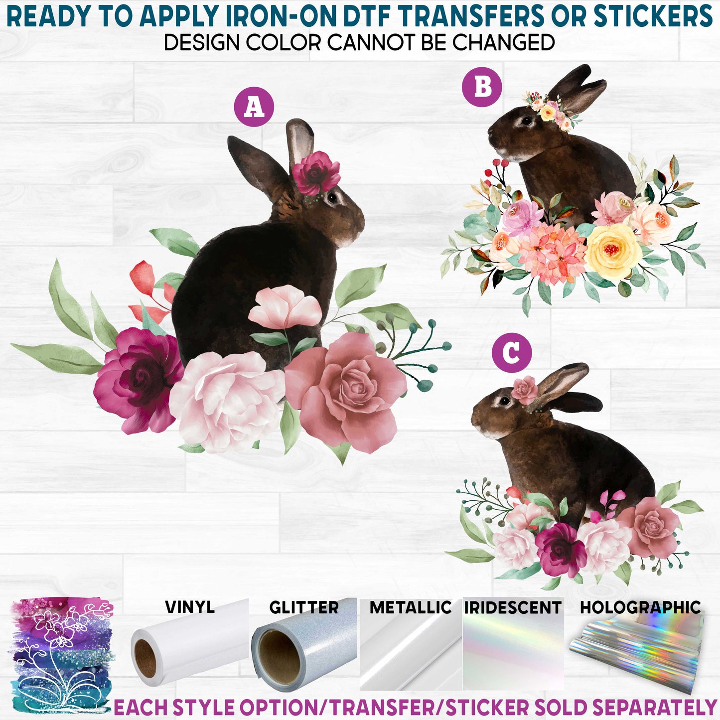 (s018-2) Floral Watercolor Bunny Rabbits Rabbit c Printed Heat Transfer or Sticker