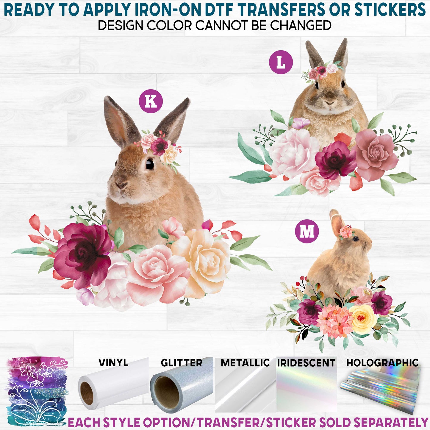 (s018-2) Floral Watercolor Bunny Rabbits Rabbit c Printed Heat Transfer or Sticker