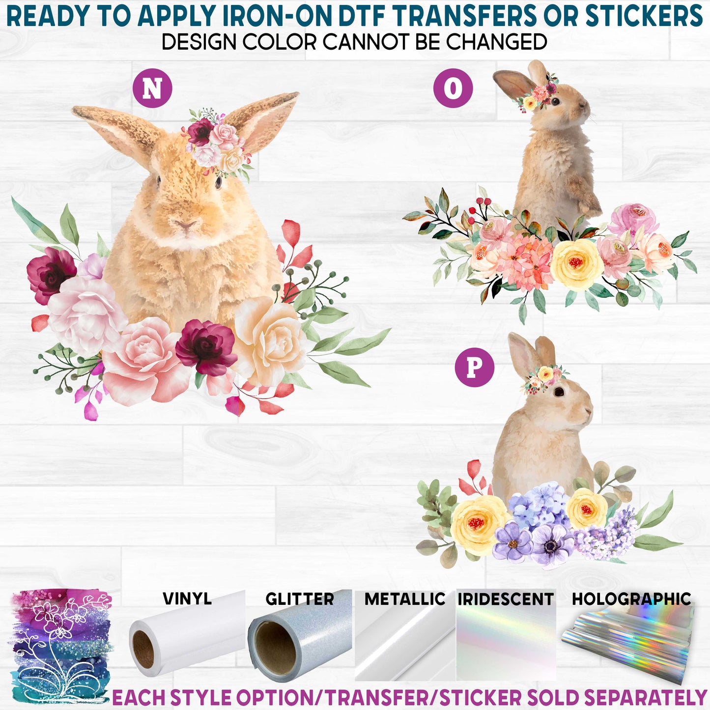 (s018-2) Floral Watercolor Bunny Rabbits Rabbit c Printed Heat Transfer or Sticker