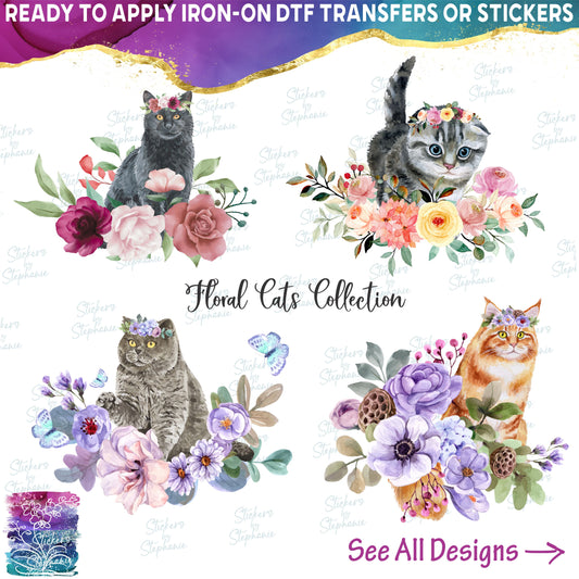 (s018-3) Watercolor Illustrated Floral Cats Kitten Collection 16 Style Options