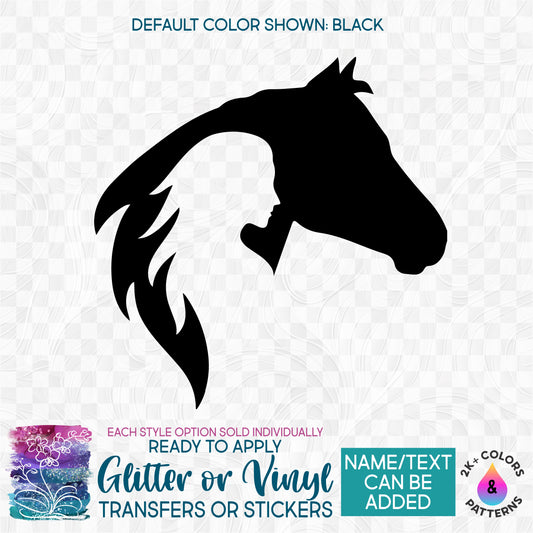 (s181-H) Girl Horse Silhouette Glitter or Vinyl Iron-On Transfer or Sticker
