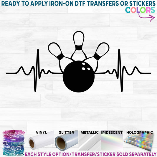 (s182-D2) Set of 2 Bowling Ball Pins EKG Heartbeat Printed Heat Transfer or Sticker