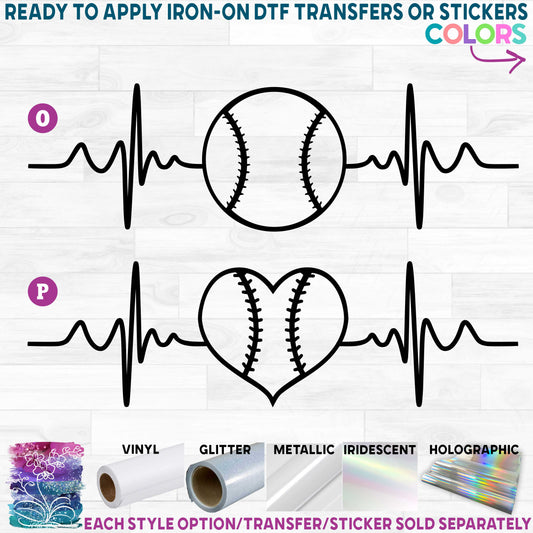 (s182) Set of 2 Baseball Round or Heart Ball EKG Heartbeat Printed Heat Transfer or Sticker